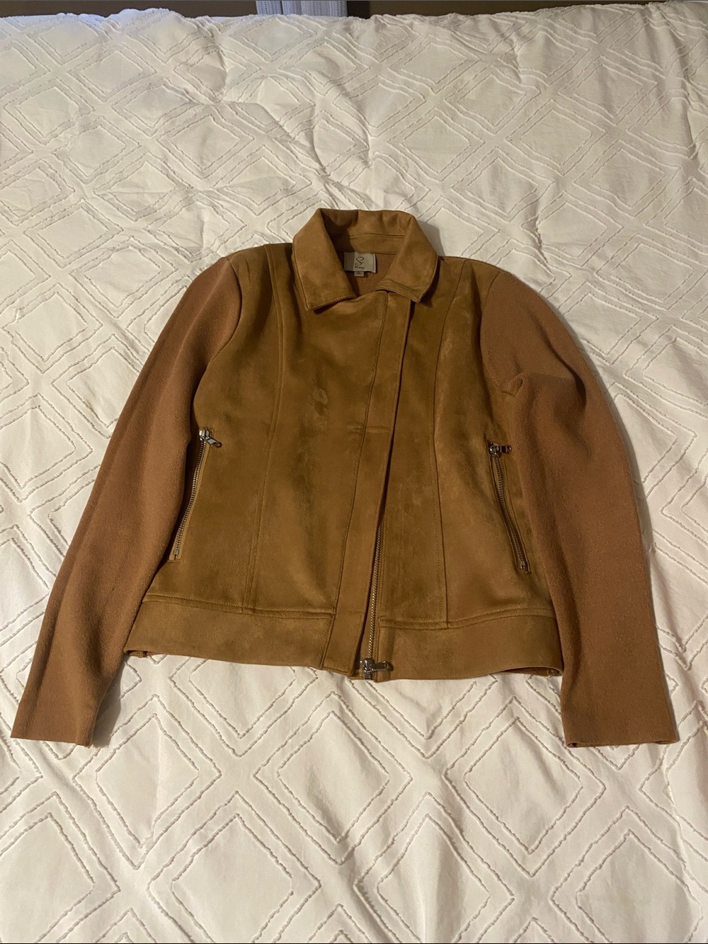 Sioni Camel/Tan Leather Look -Front Jacket with Knit Sleeves